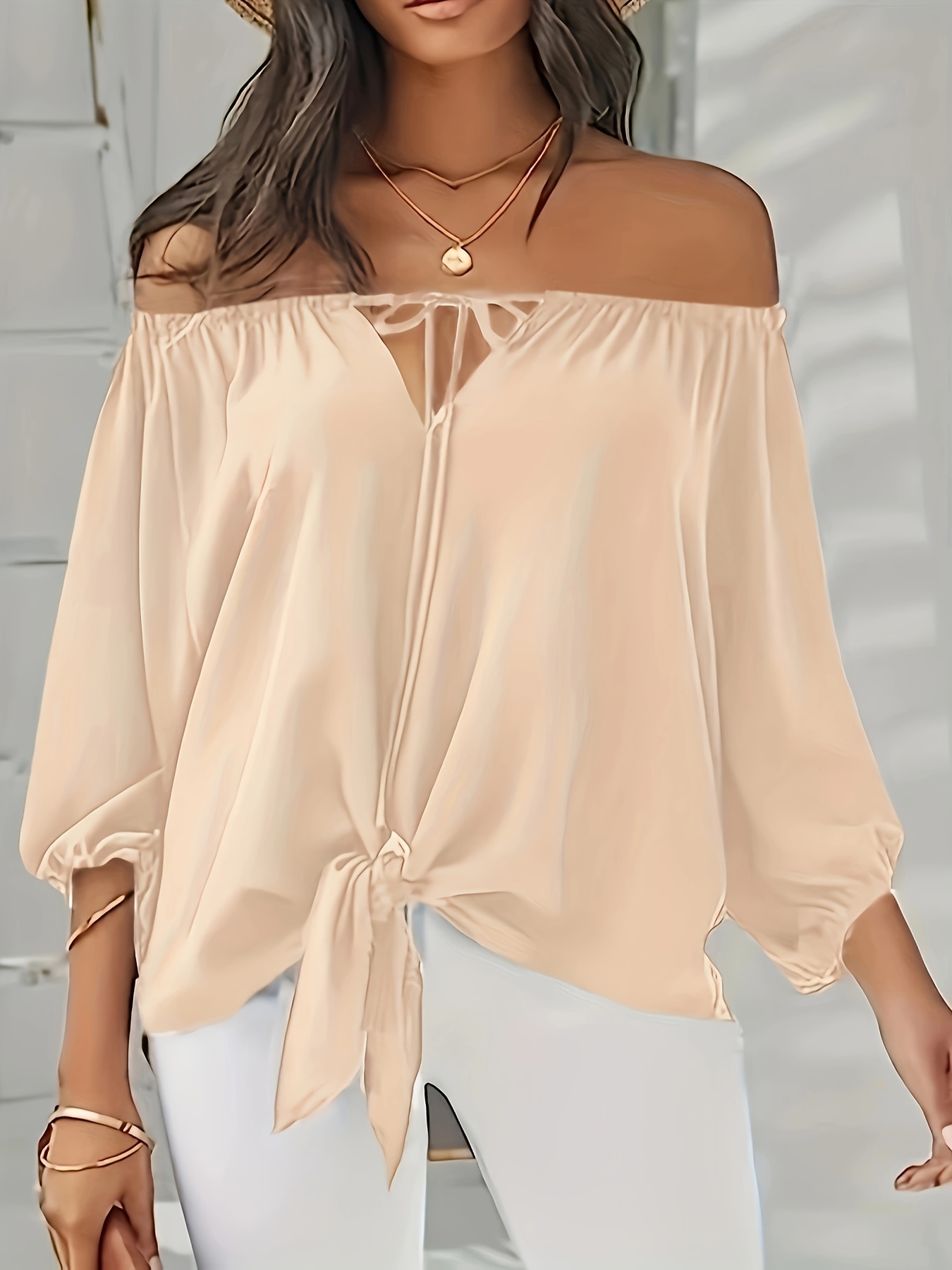 Blusa S lida Hombros Descubiertos Blusa Casual Lazo Temu