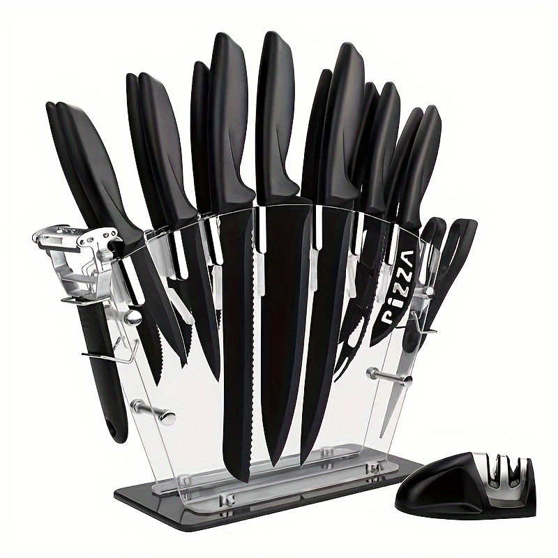 HL ZHUJIABAO Black Kitchen Knife Block Set with Cutting Board 15PCS  Professional Sharp Chef Knife Set with Peeler & Scissor Cutlery Knives Set  with