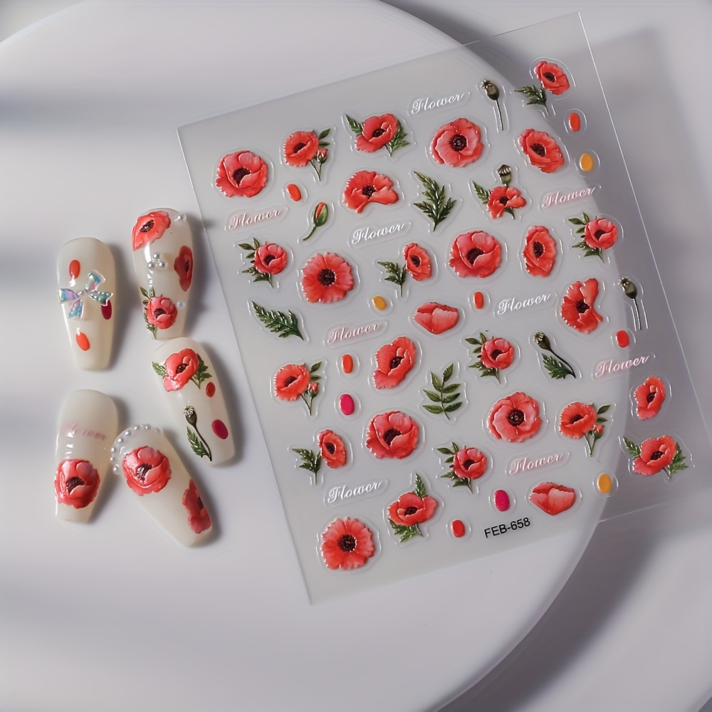 

1 Sheet 5d Embossed Waterproof Nail Art Stickers - Vibrant Red Poppies & Green Leaves, Easy Diy Self-adhesive Floral Designs For Creative , Semi-matte , Nail Stickers