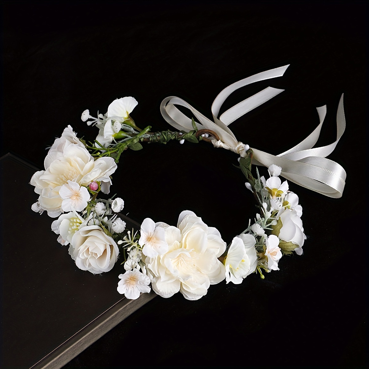 TEMU 1pc Of Beige Simulated Flower Wreath, Elegant And Sweet, Playing, Taking Photos, Dressing Up Hair Accessories