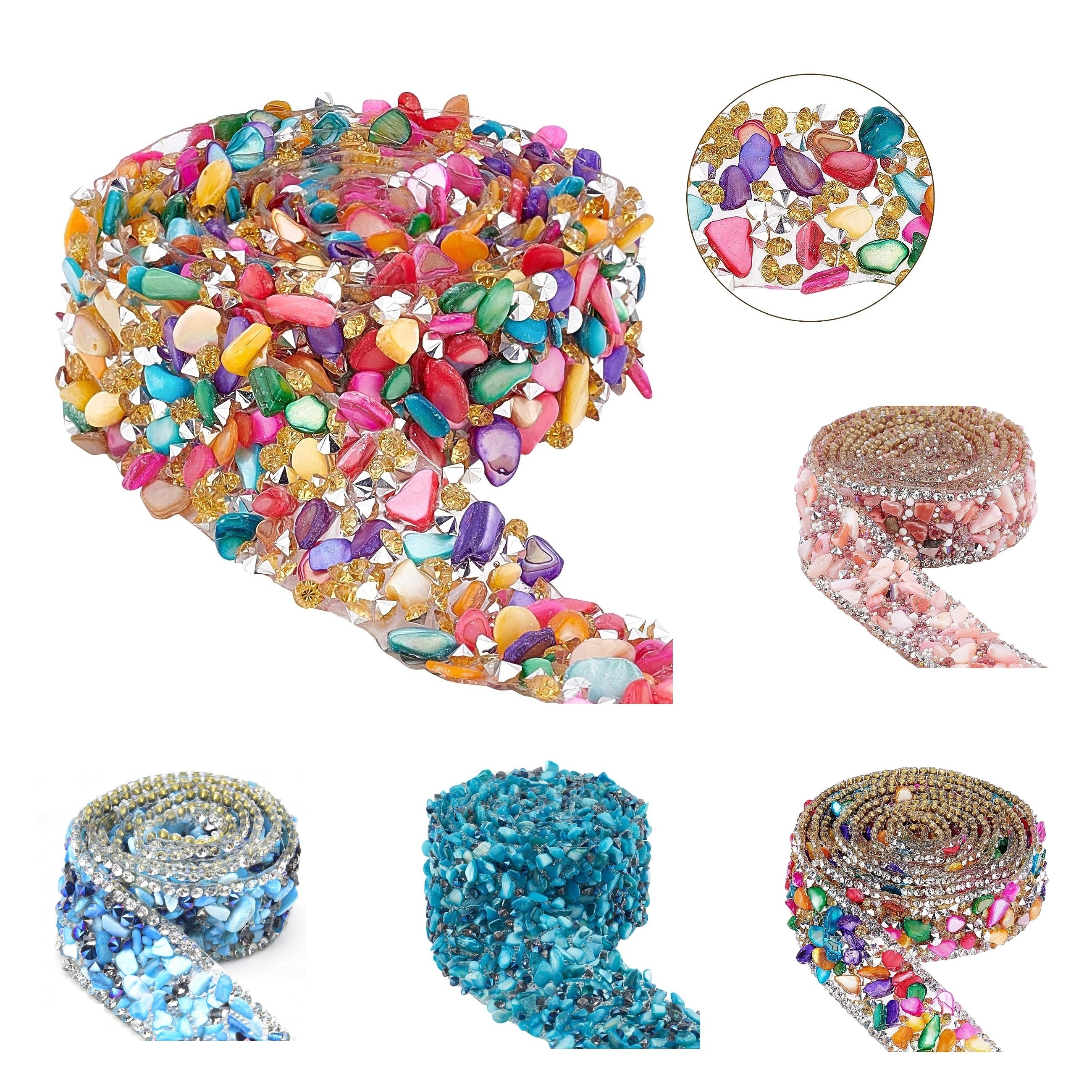 

Width 2cm Length 1 Yards (91cm) Crystal Colorful Crushed Stone Rhinestones With Rice Beads Hot Drill Back Adhesive Mesh Drill Clothing Shoe Bag Drill Strips Colorful Hand Sewing Gemstone