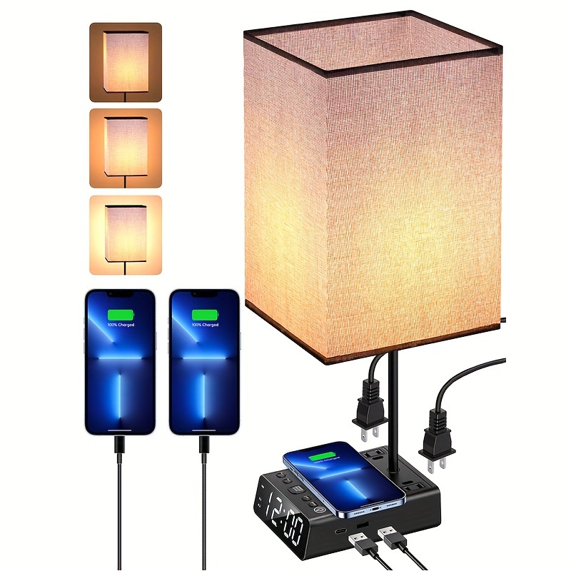 Lámpara de noche Qi cargador inalámbrico LED lámpara de escritorio con  reloj despertador, control táctil 3 tonos de luz, lámpara de mesa de carga