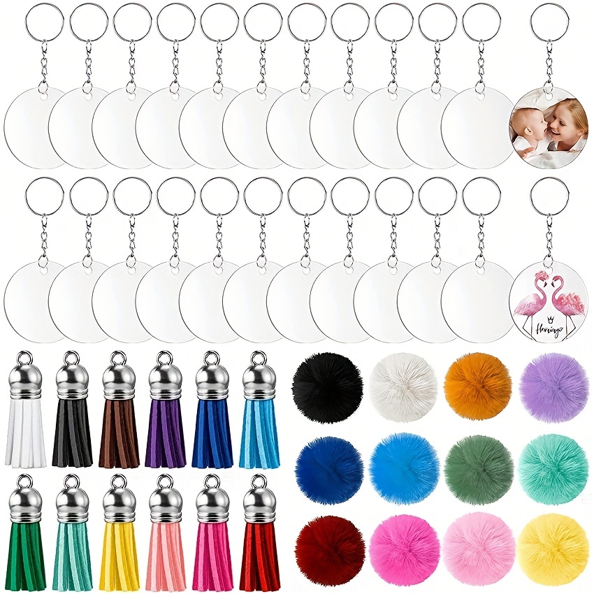 

96pcs Acrylic Plush Ball Keychain Blank Colorful Leather Tassel Keychain Circular Acrylic Keychain Transparent Acrylic Keychain Making Accessories Small Business Supplies