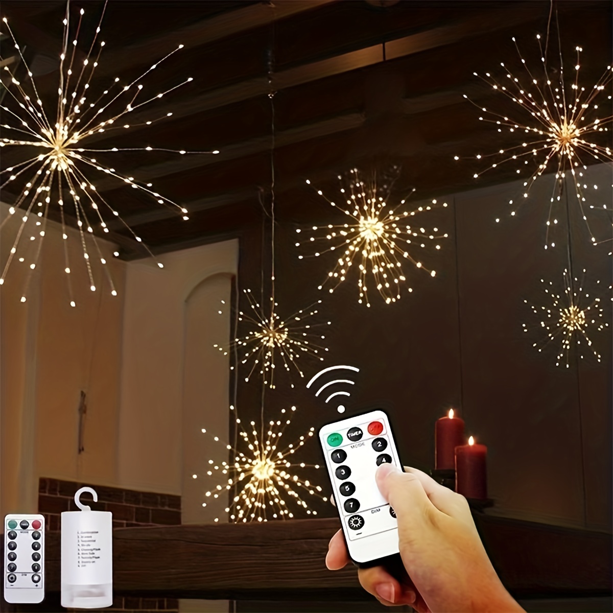 Firework Fairy Lights, 120 LED 8 Modes Dimmable Timer with Remote  Control,Battery Operated Hanging Starburst String Lights, IP65 Waterproof  Starry