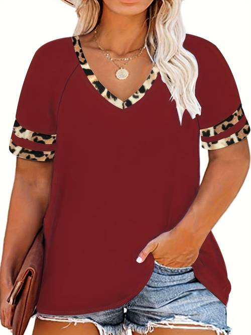 plus size casual t shirt womens plus colorblock leopard print short sleeve v neck loose tee
