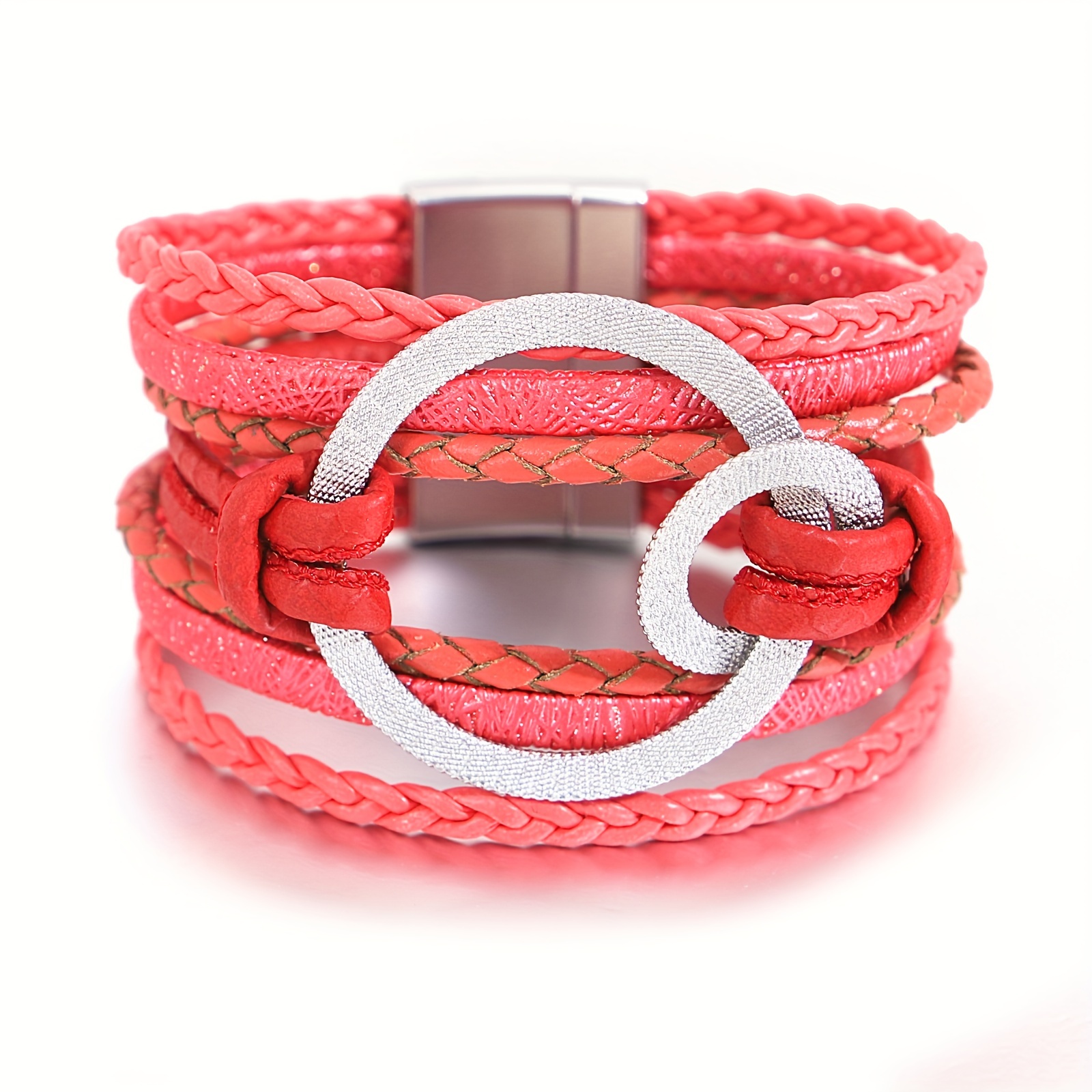 Braided Double Wrap Leather Bracelet in Red