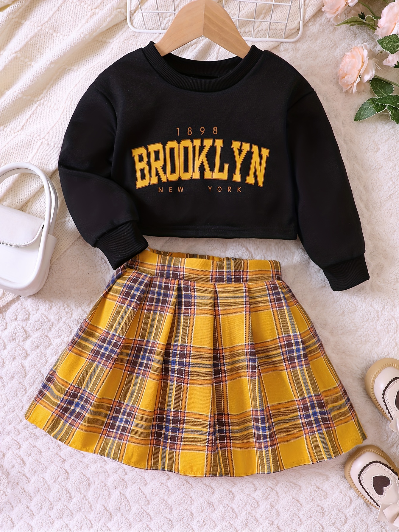 2pcs Girl's Preppy Style Outfit, Letter Print Sweatshirt & Pleated Skirt  Set, Toddler Kid's Clothes For Spring Autumn