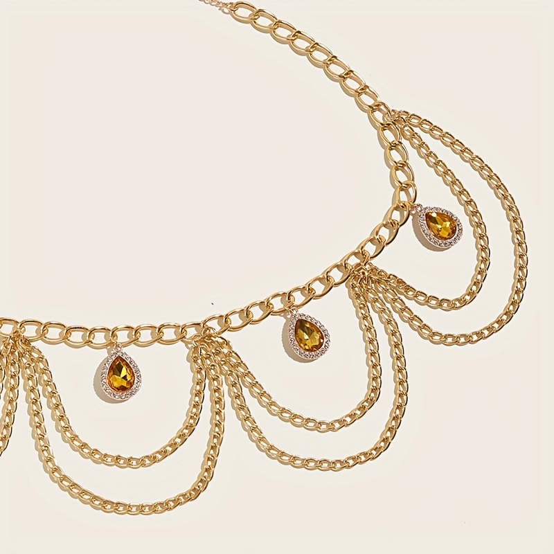 Crystal Pendant Waist Chain Layer Wave Tassel Metal Belly Chain