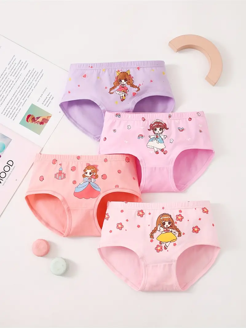 4pcs Girls Triangle Panties Multiple Colors Princess Print Elastic Waist  Soft Comfortable Breathable Underwear Kids Clothes
