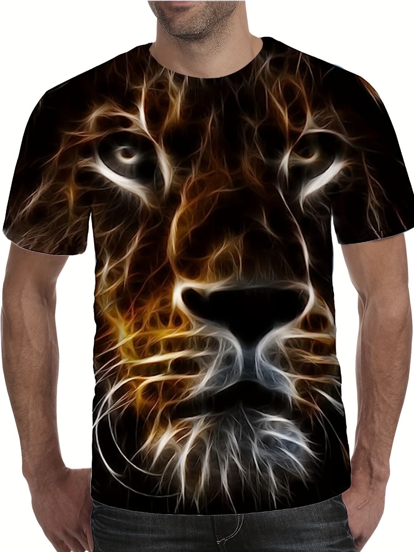 Temu 3D Tiger Print, Men's Graphic Design Crew Neck Novel T-Shirt, Casual Comfy Tees Tshirts for Summer, Men's Clothing Tops for Daily Vacation Resorts