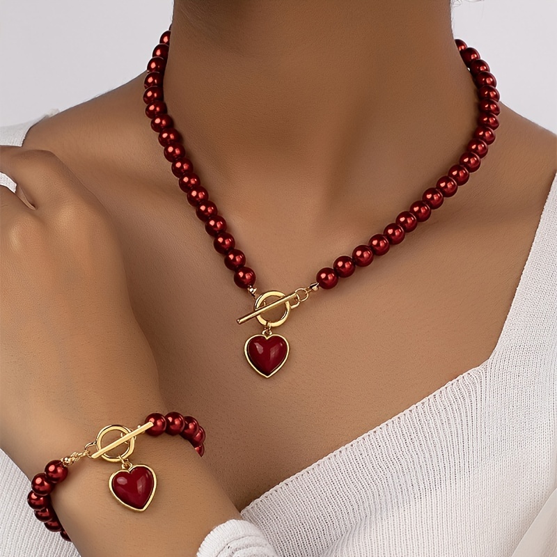 

1set, Elegant & , Red/ White Beads Bracelet, Necklace Shape Pendant, Temperament Jewelry Set For Wedding & Banquet, Perfect Gift For Ladies