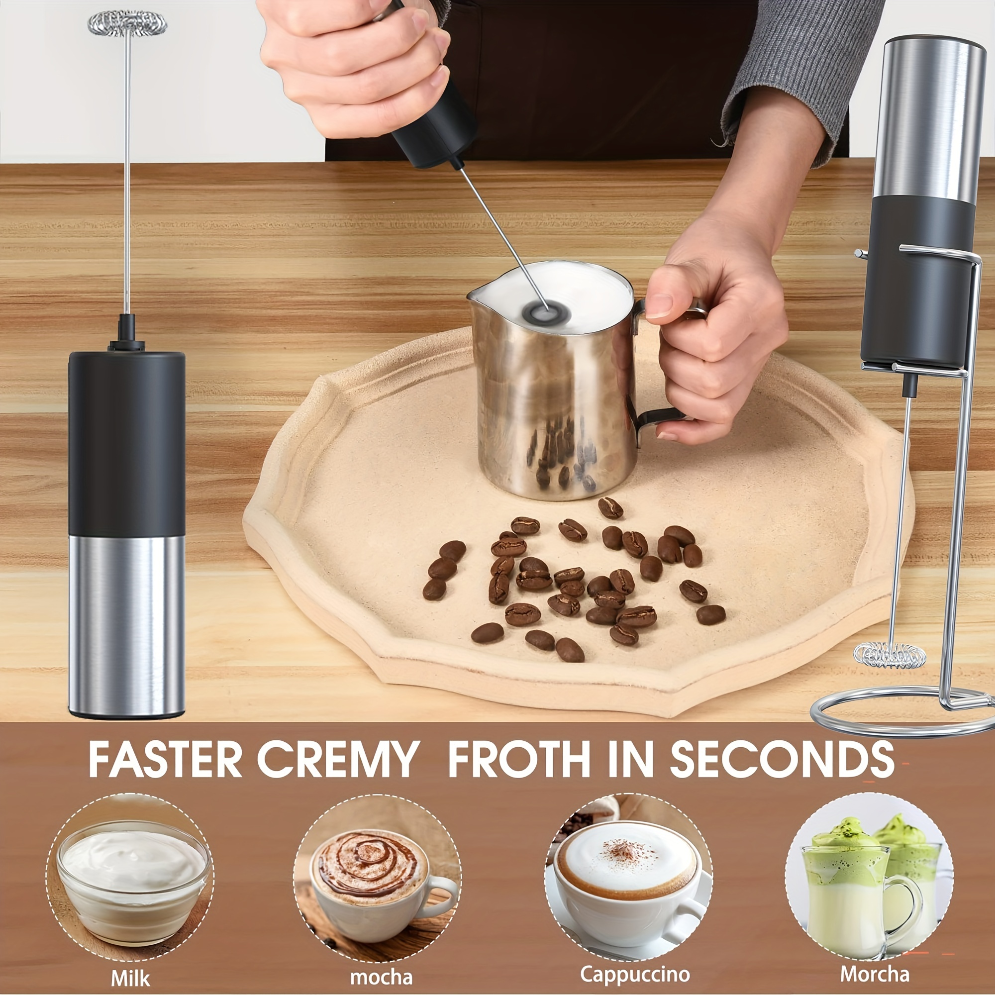 Kaffe Handheld Milk Frother w/ Stand, Stainless Steel Battery