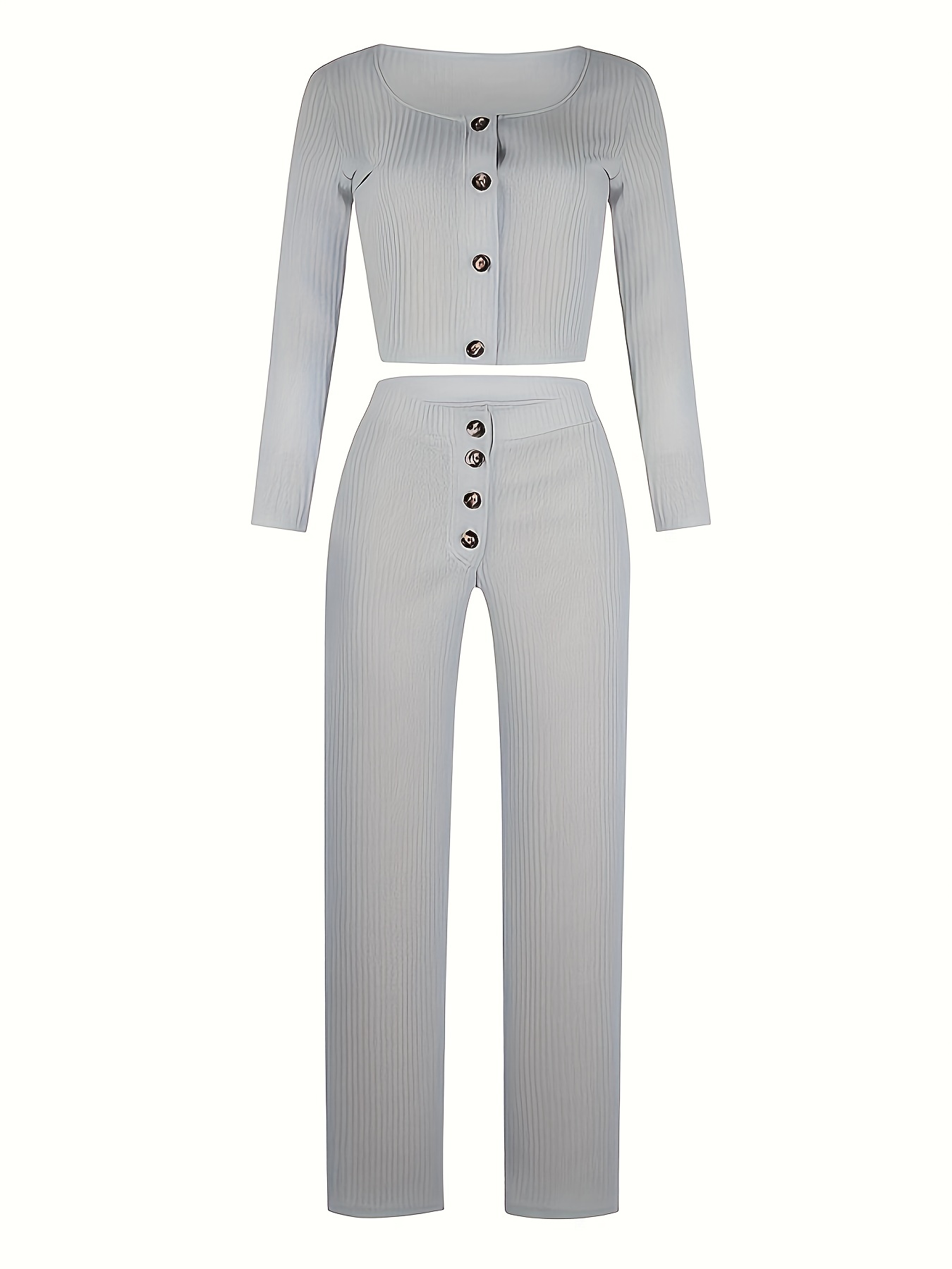 Solid Ribbed Lounge Set Long Sleeve Top & Pants Women's Loungewear