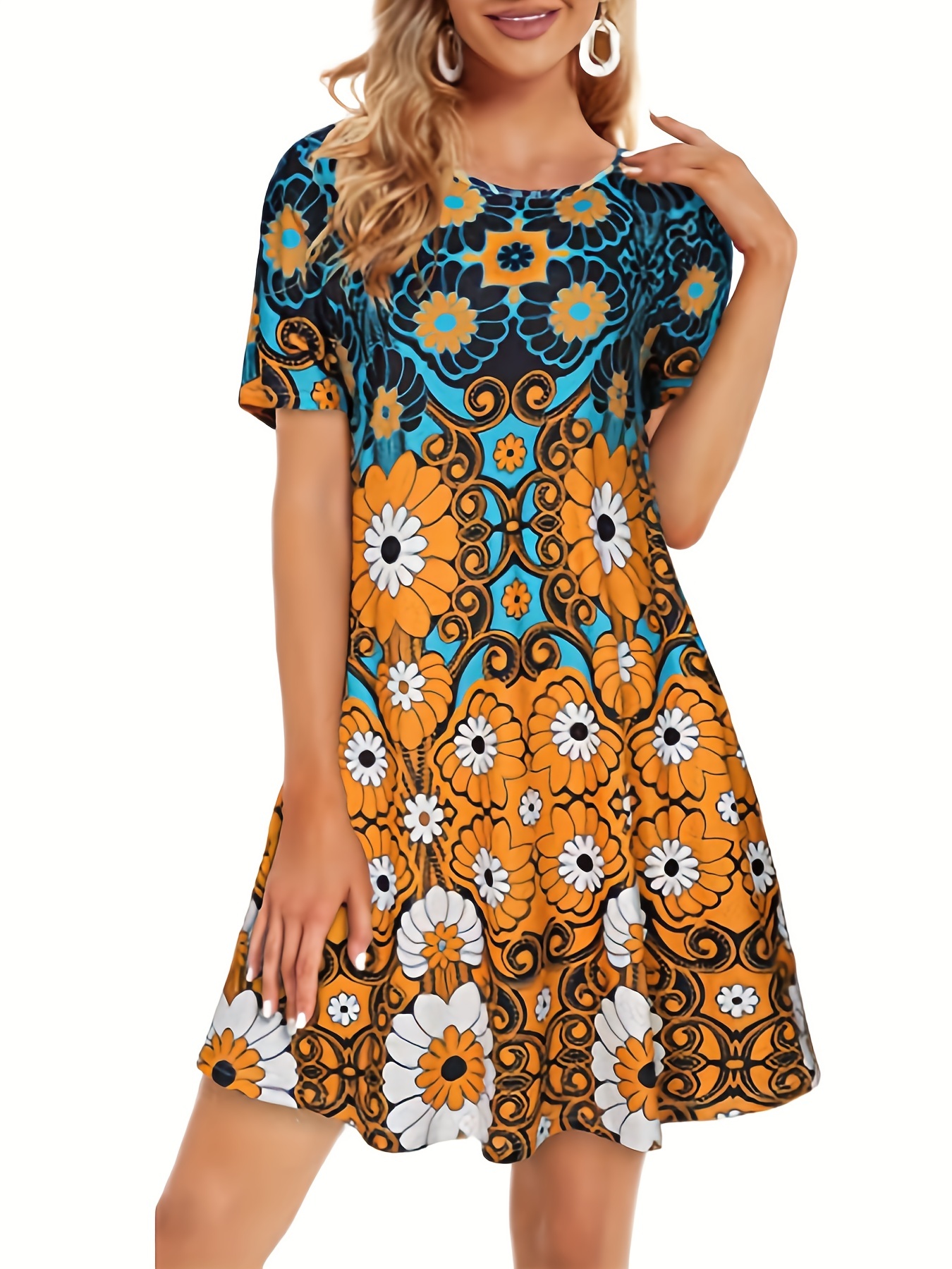 floral print crew neck dress casual short sleeve dress for spring summer womens clothing