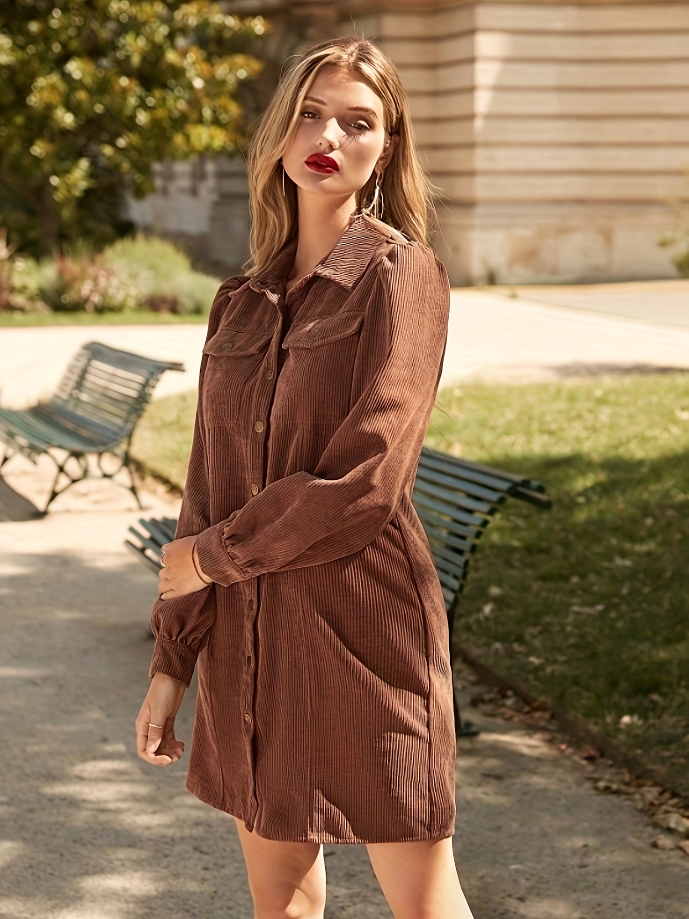 Elegant Brown Corduroy Shirt Dress with Pockets Women’s Long Sleeve  Button-Up Waist-Cinching Fall/Winter Dress Casual or Chic Outfits,  Stylish