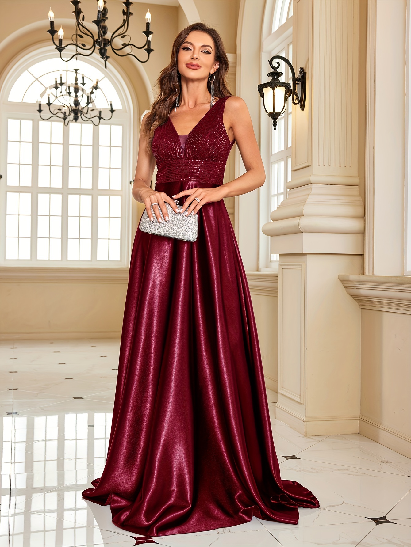 Buy Burgundy V-Neck Gown, Women Dresses