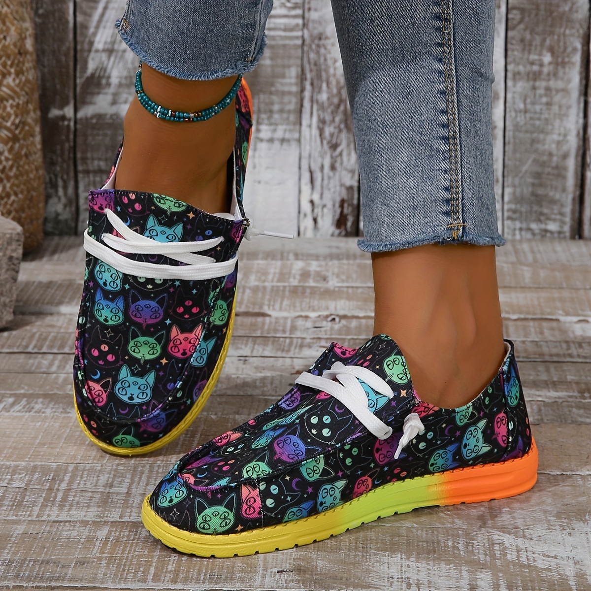 Women's Cat Print Canvas Shoes Casual Lace Outdoor Shoes - Temu