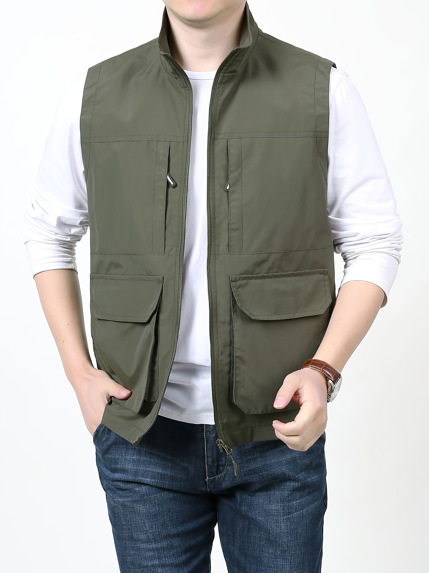multi pockets cargo vest men s casual outwear stand collar