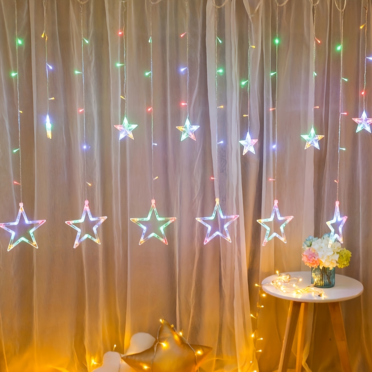 12 étoiles rideau led guirlande étoilée guirlandes lumineuses, rideaux de  fenêtre lumières avec 8 modes clignotants décoration pour Noël, mariage,  fête