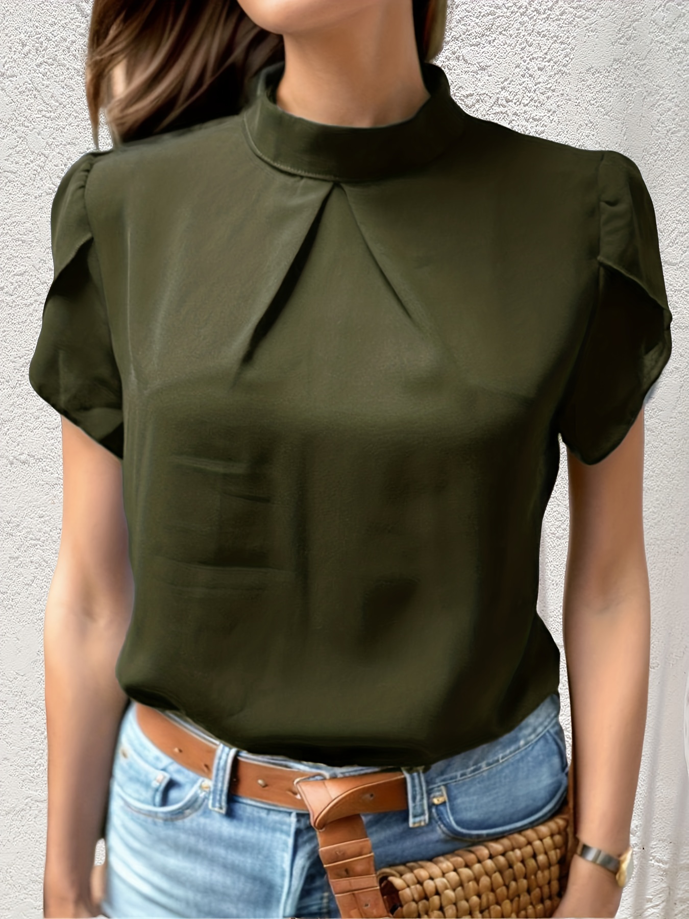 Ruched Petal Sleeve Blouse Casual Solid Simple Stand Collar - Temu