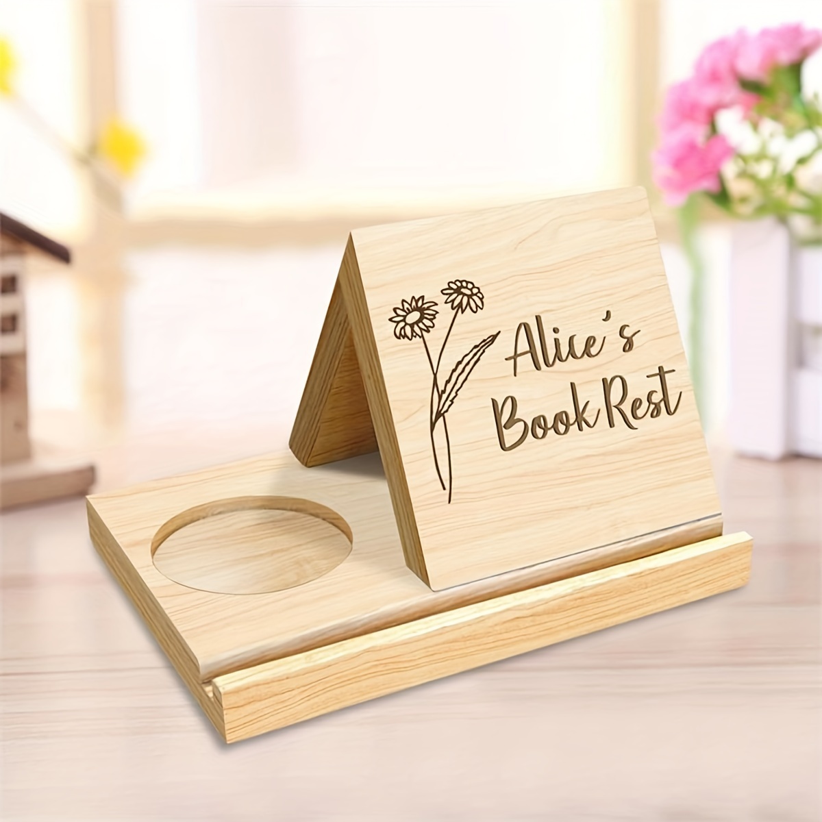 Soporte de libro triangular de madera de roble con texto personalizado,  soporte para libros con texto personalizado, soporte para libros con  soporte