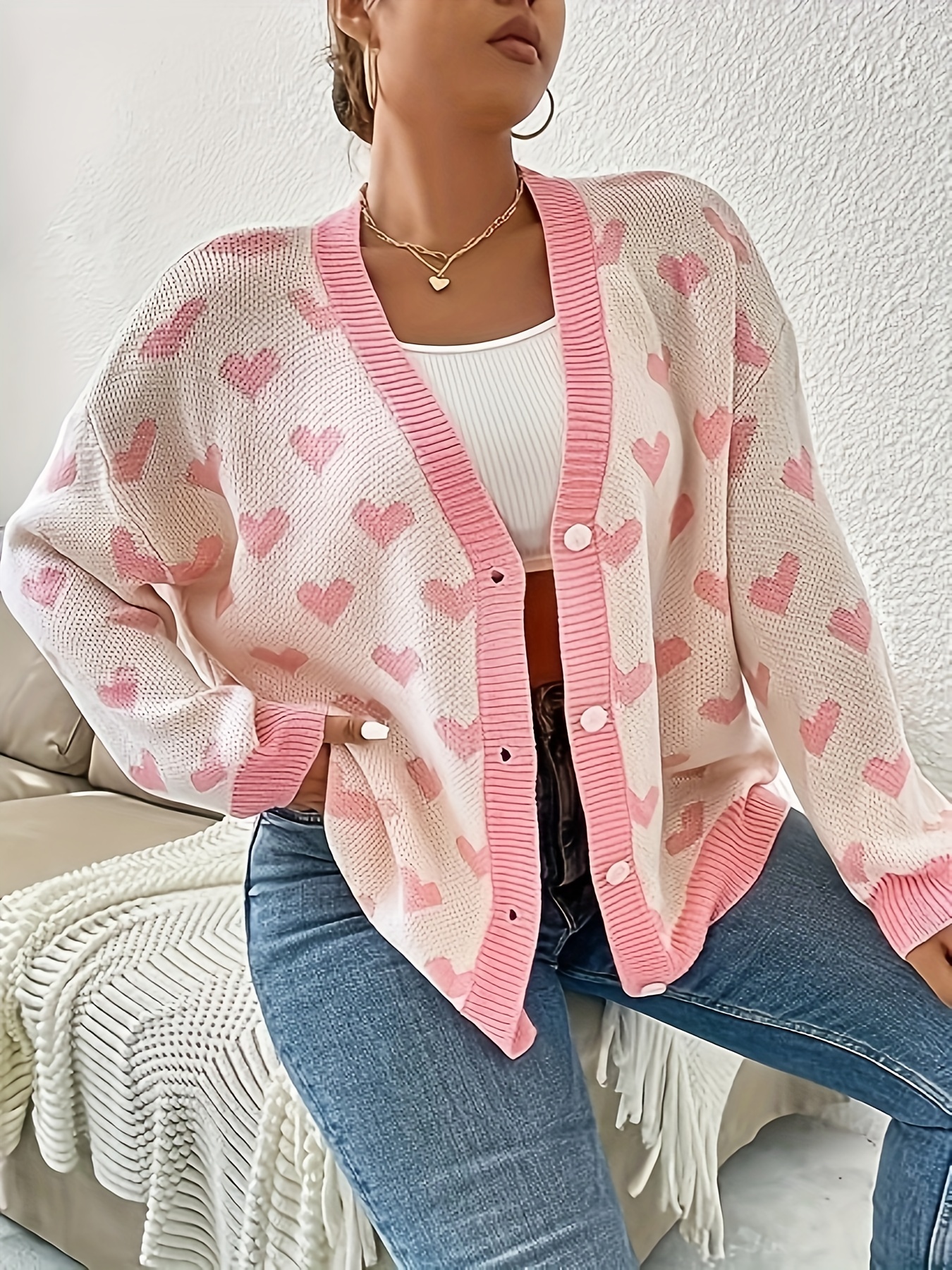 Heart Pattern Button Down Knit Cardigan, Valentine's Day Long Sleeve Loose  Sweater, Women's Clothing