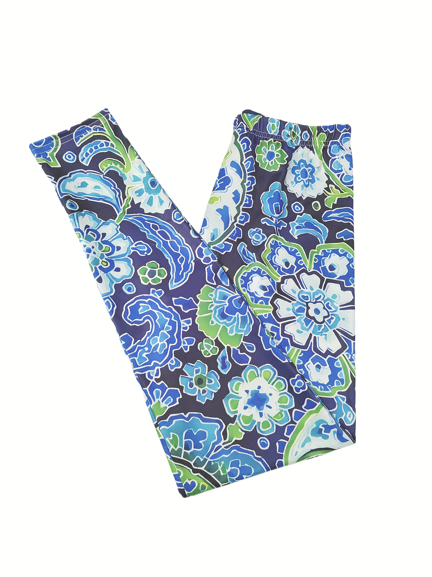 Turquoise flowers high waist leggings, Unique artistic design