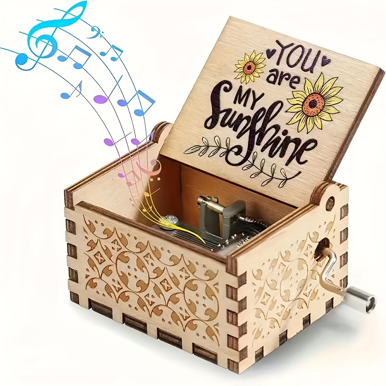 

1pc Sunshine Music Box, Hand-cranked Wooden Vintage Laser Carved Small Music Box, Birthday/christmas/anniversary/wedding/valentine's Day/new Year Gift, Family Room Desk Office Desktop Decoration