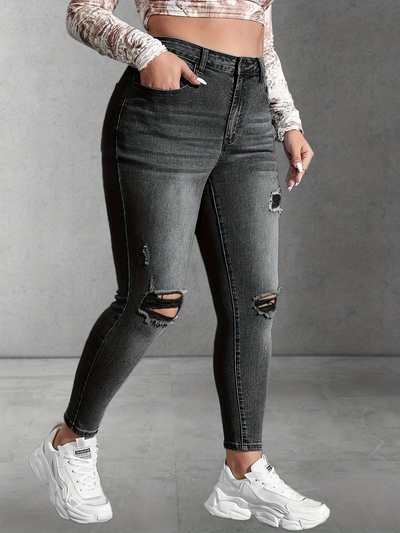 Plus Size High Solid Skinny Jeans Women's Plus High - Temu Canada