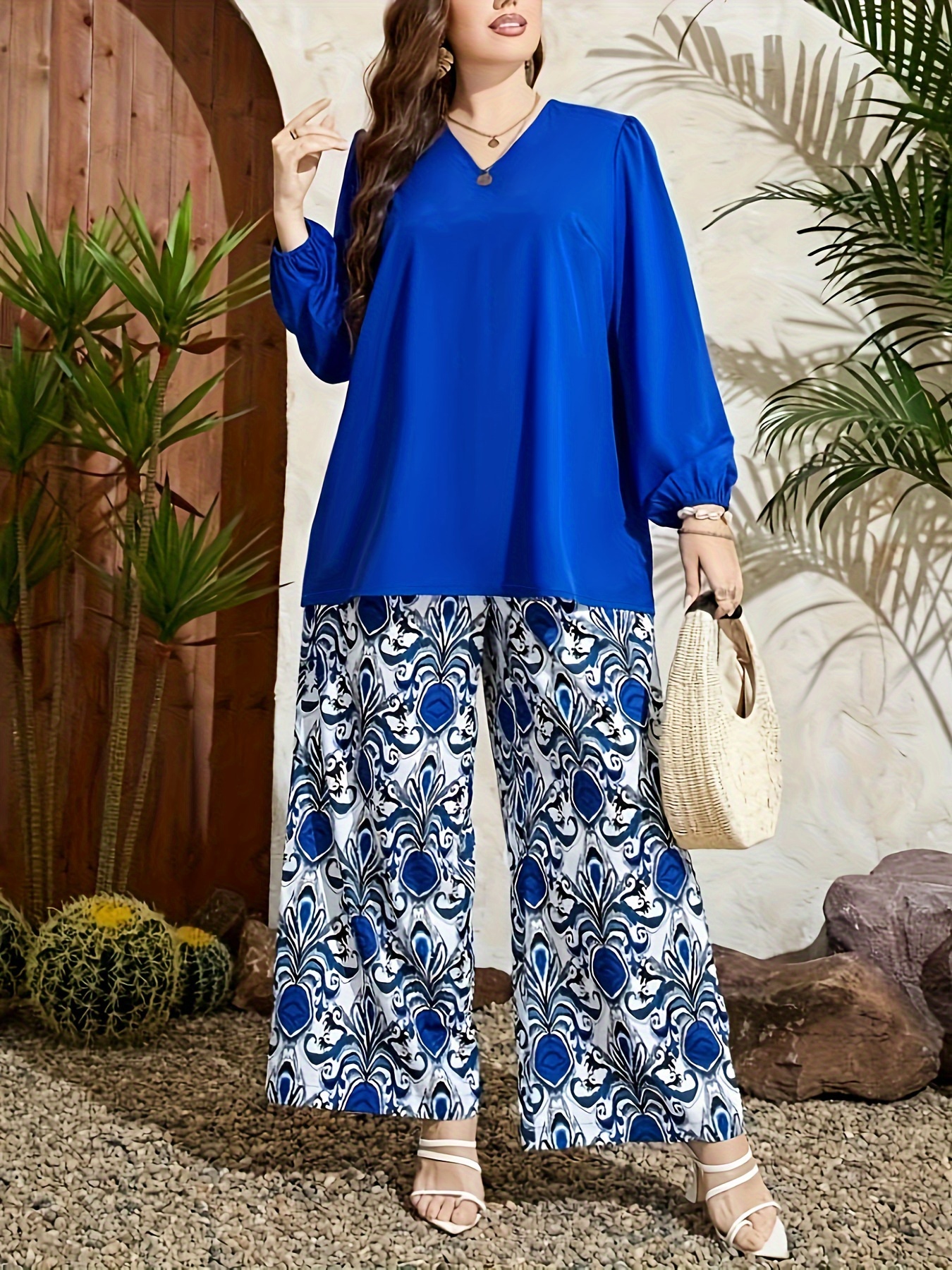 Casual Spring & Fall Two-piece Set, Solid Puff Sleeve Tops & Floral Print  Palazzo Pants Outfits, Women's Clothing