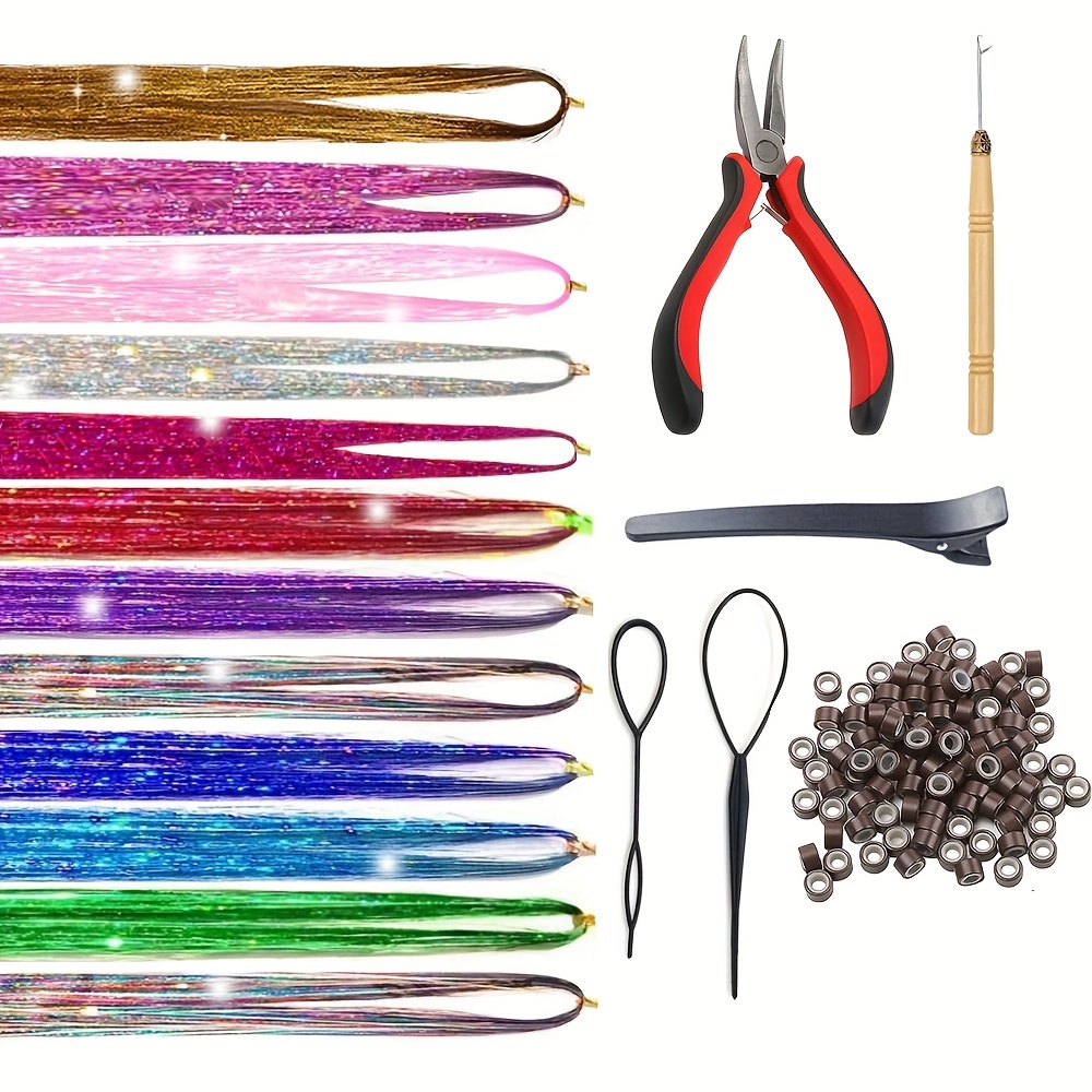 Hair Tinsel Kit With Tools 12 Colors 2400 Strands Hair - Temu