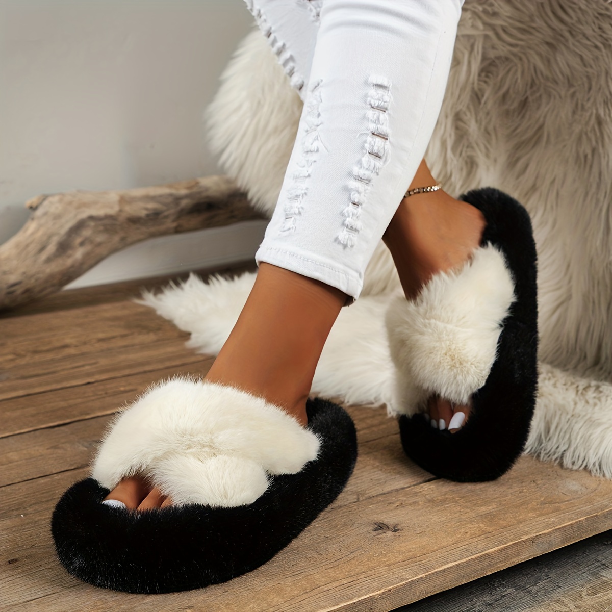 Faux fur flat on sale slippers