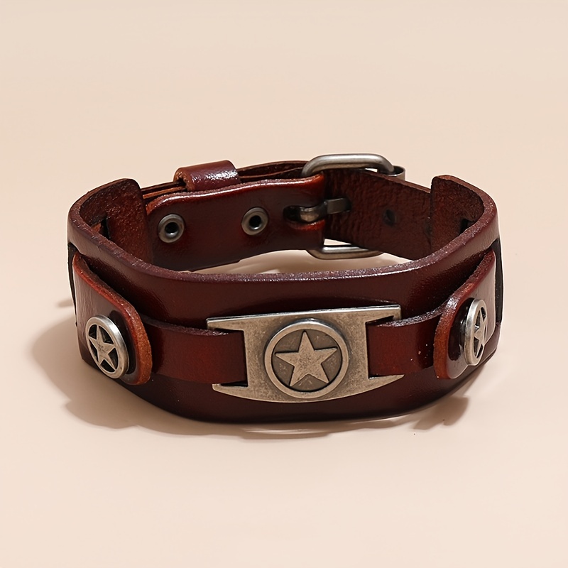 1pc pulsera de hombre de cuero   premium estilo punk rock con diseño de   estrellas de aleación de   - brazalete     para moda de tendencia, pulsera casual|joyería de declaració etalle de estrella   7