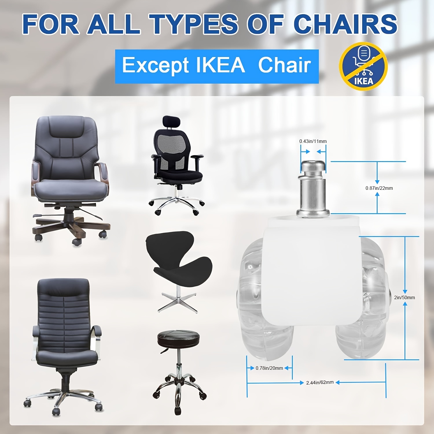 Ruedas de silla de oficina, juego de 5, Huracán, ruedas giratorias de goma  de repuesto para suelo de madera dura, no compatibles con IKEA, ruedas de