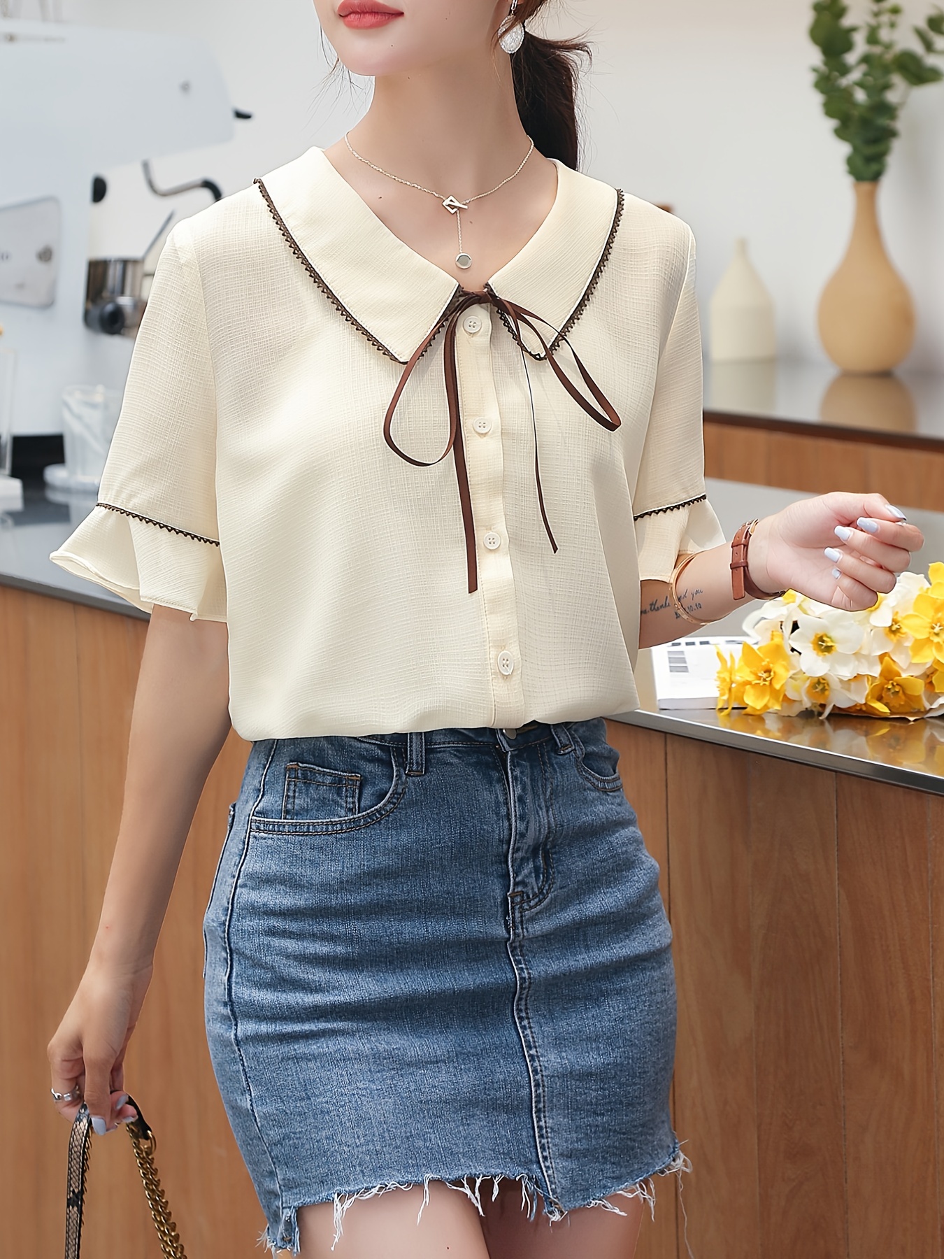 Elegant Lace Trim Shirt, Preppy Flared Sleeve Button Front Bow Tie Doll  Collar Shirt, Women's Clothing