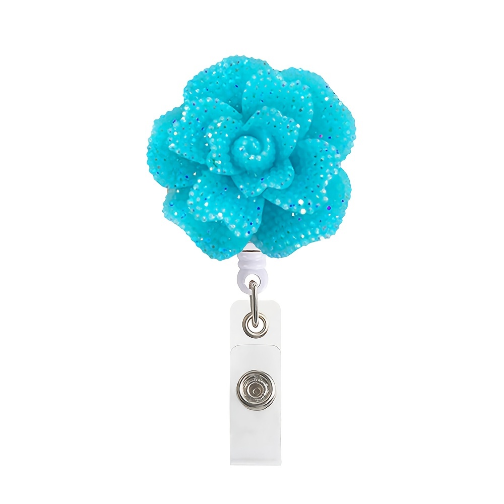 Resin Shiny Flower Retractable Name Badge Reel with Revolving Alligator Clip 3D Rose Bling Rhinestone Rotating ID Buckle Nurse Scroll Badge Easy