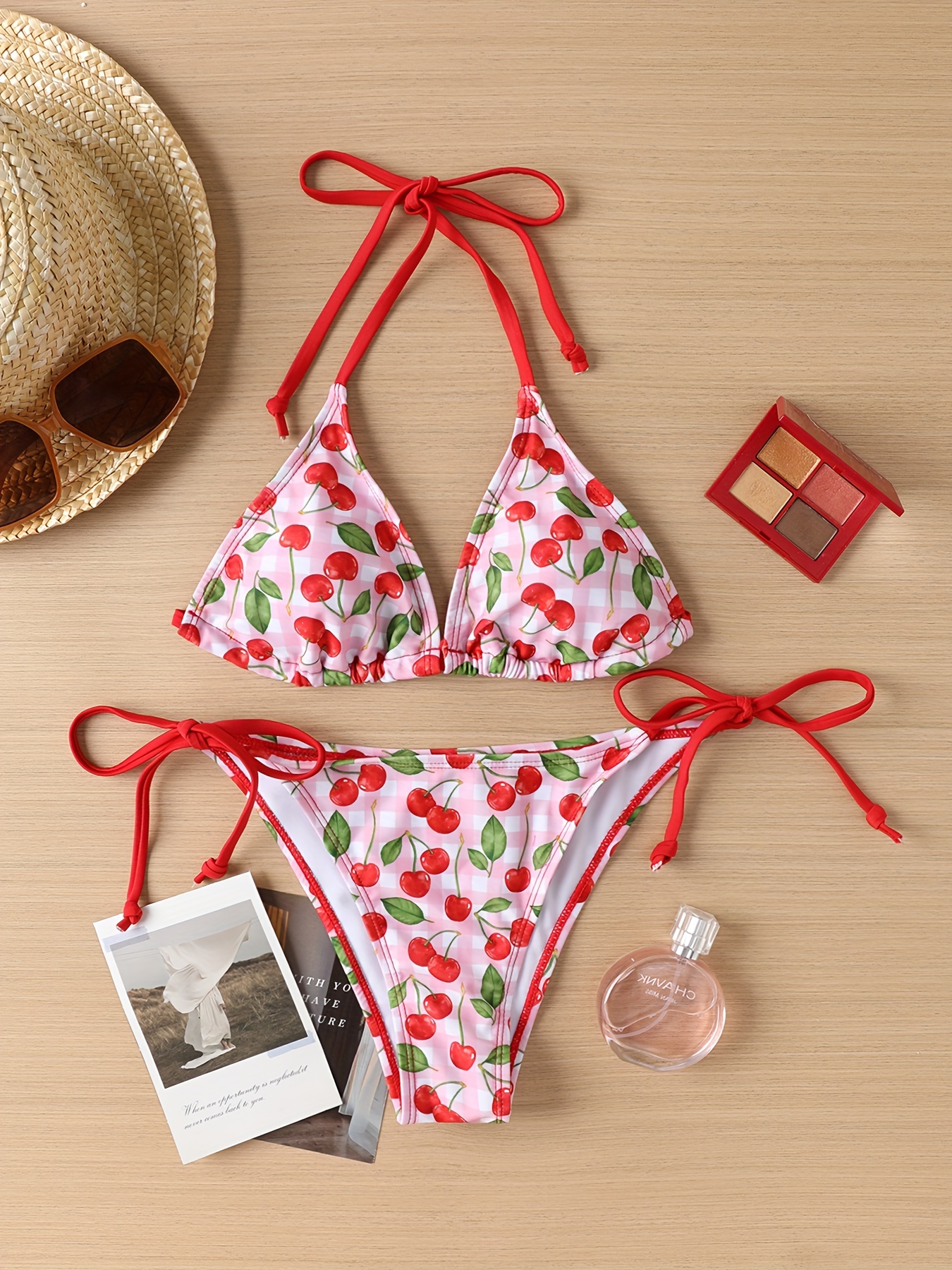 Cute Cherry Print Ruffle Hem Bandeaux Bikini Set – W.T.I. Design