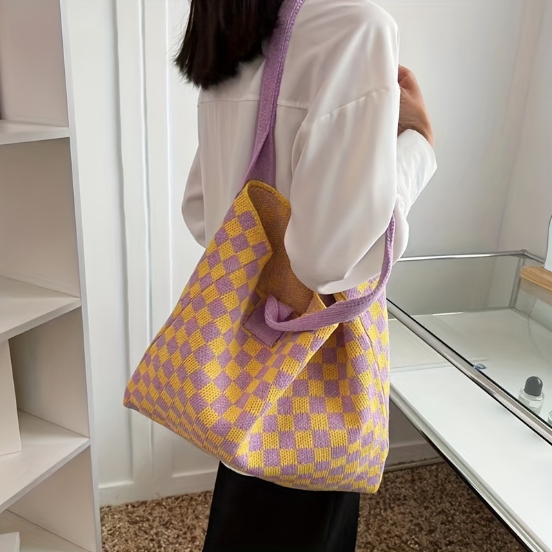 Plaid Color Block Shoulder Bag, Large Capacity Slouchy Handabg, Versatile  Soft Stylish Tote Bag - Temu