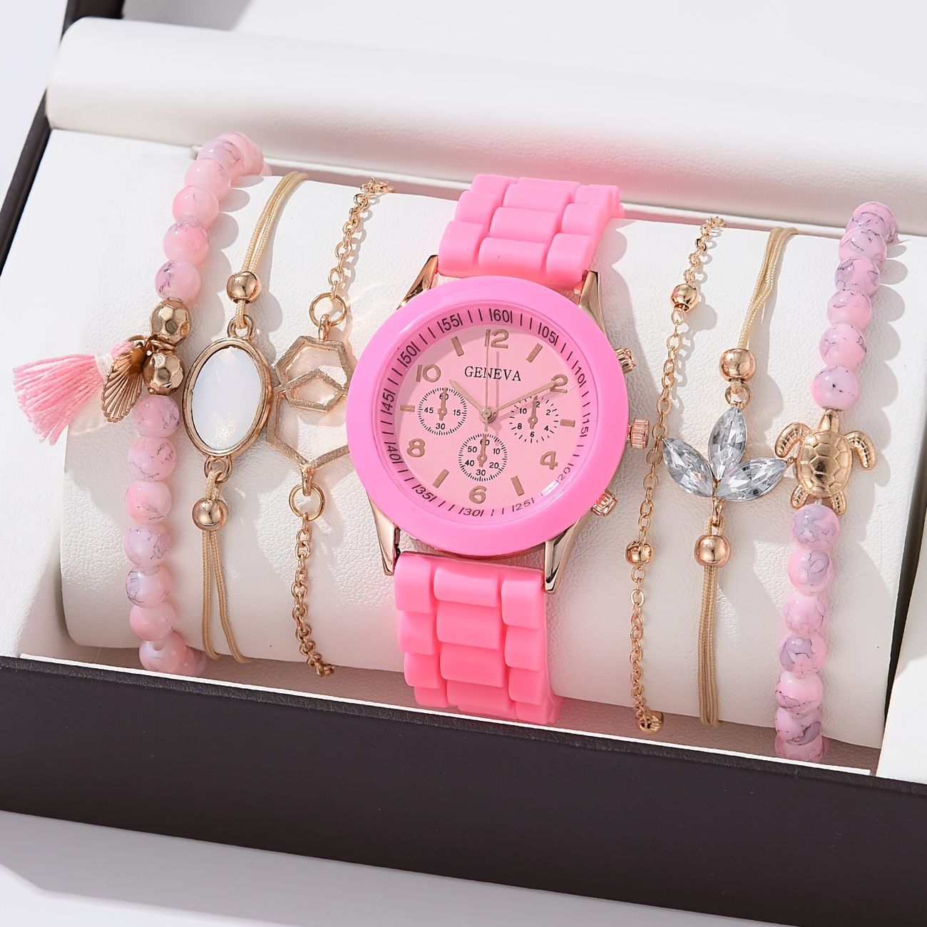 1pc 7 Pcs Pink Love Bracelet 1pc Women's Fashion Round Pointer Quartz Watch  6 Pcs Bracelet Watch Set | Check Out Today's Deals Now | Temu