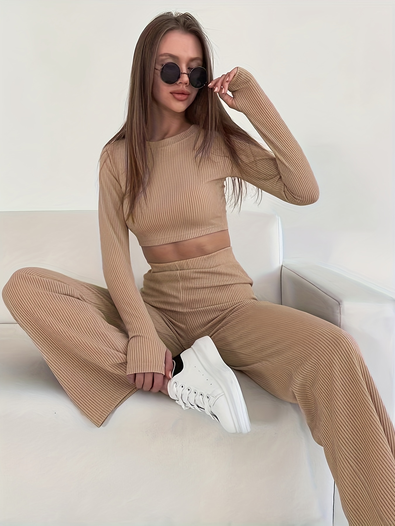 Casual Solid Color Fashion Knit Pantsuits Two piece Set Long - Temu