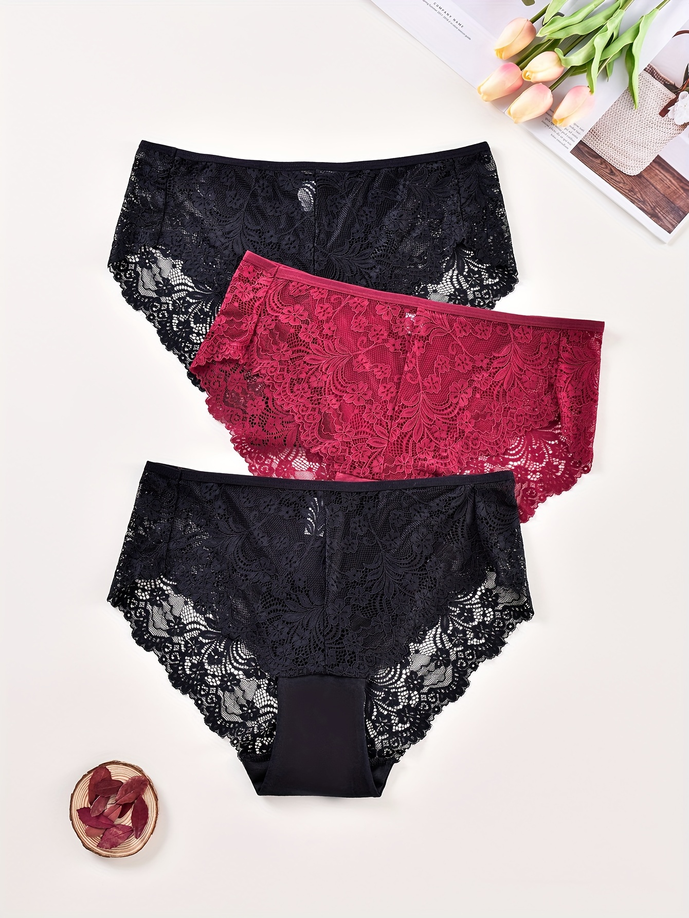 3 Pack Plus Size Elegant Underwear Set, Women's Plus Floral Lace High *  Stretchy Panties Three Piece Set