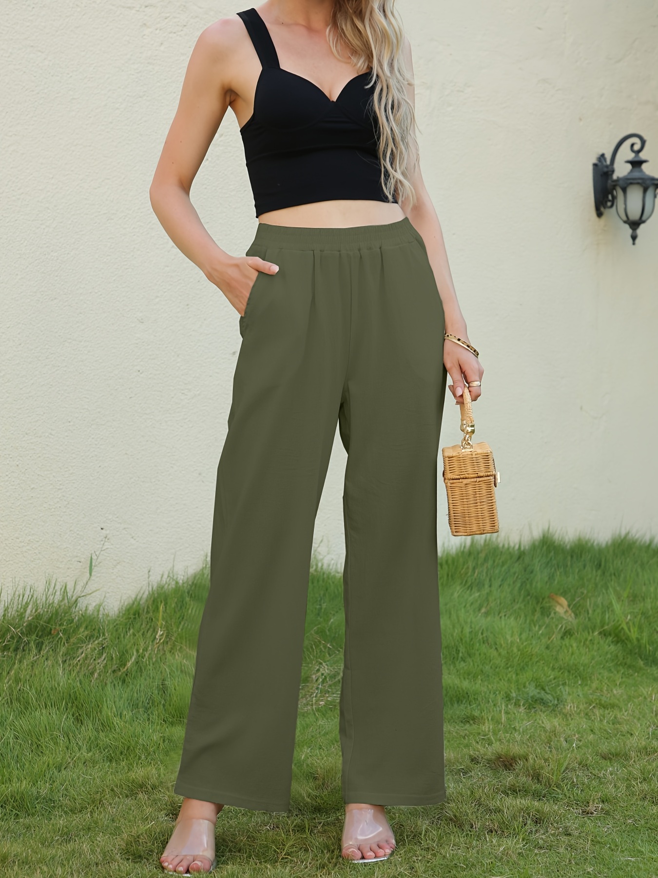 Solid Wide Leg Elastic Waist Pants, Casual Loose Pants