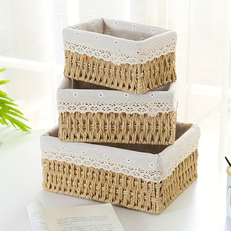 Panier de rangement en coton beige, tressage bicolore (lot de 3