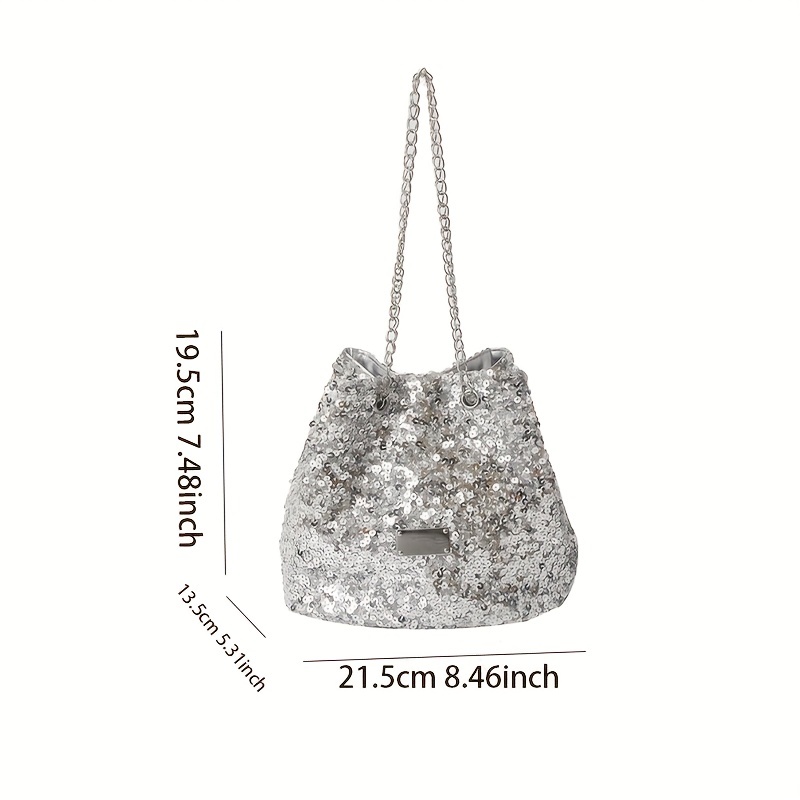 Sequin Glitter Drawstring Bucket Crossbody Bag, Pu Leather Top