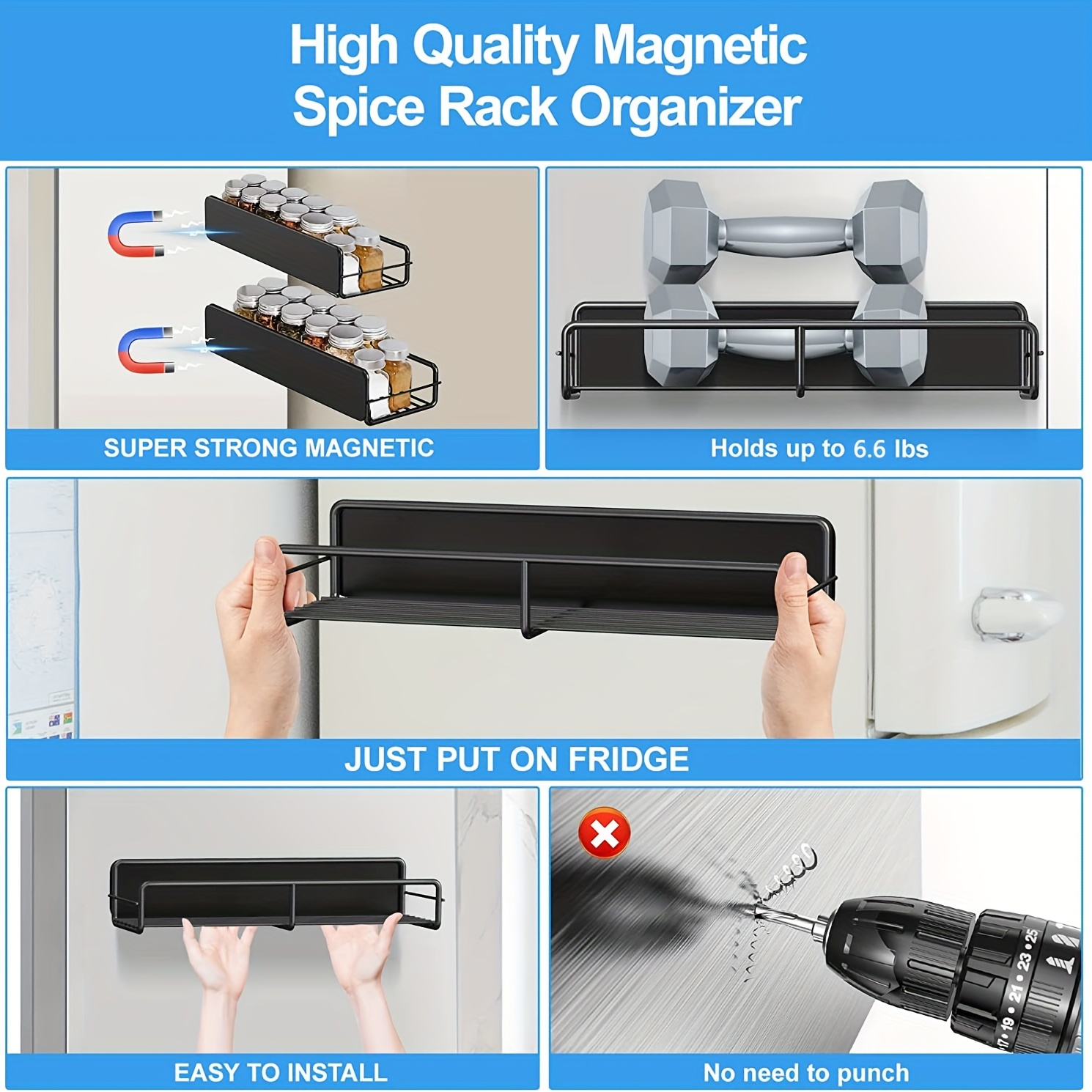 Mystozer 4 Pack Magnetic Spice Rack Organizer, Space Saver for Refrigerator  and Microwave Oven, Metal Fridge Shelf, Black
