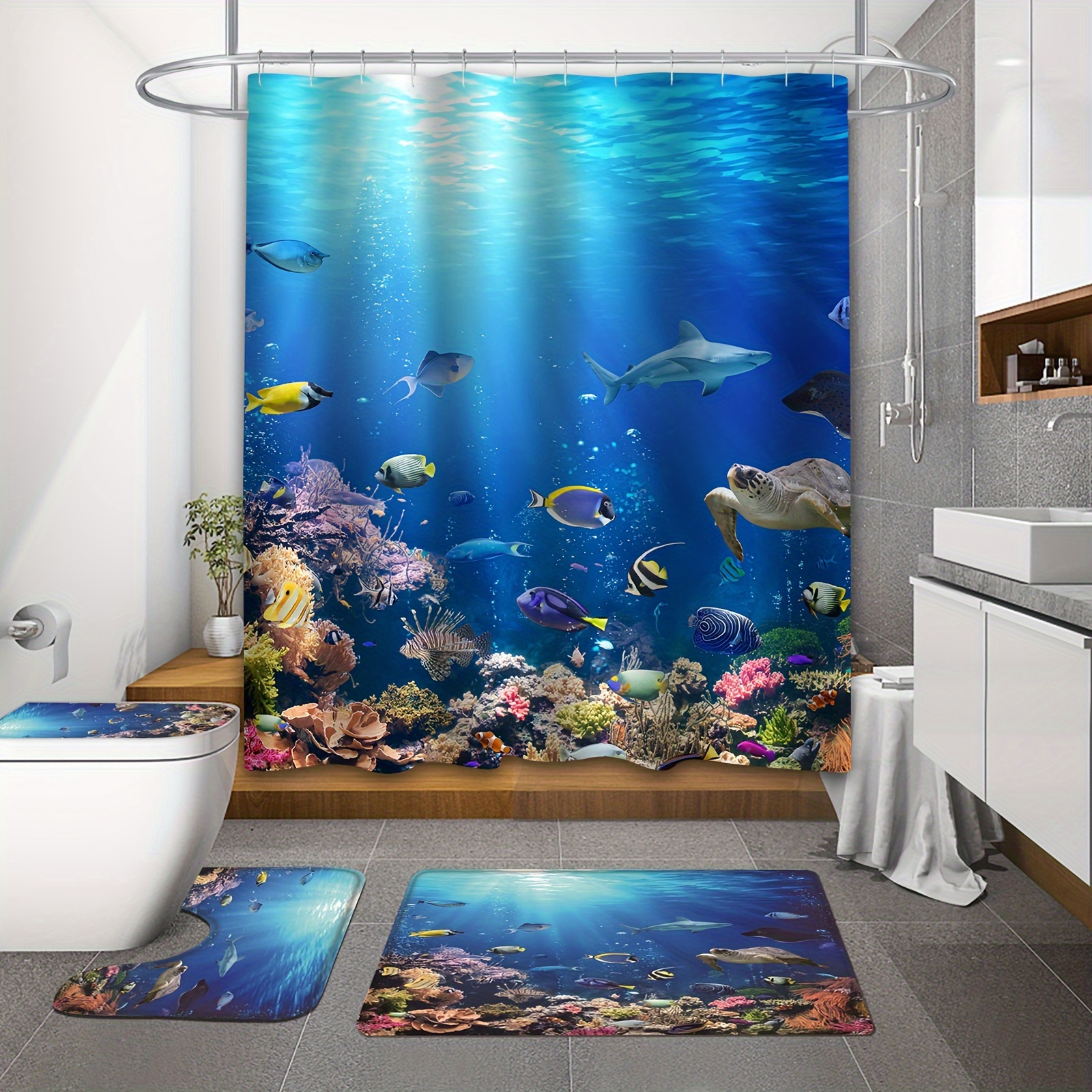 Sea World Shower Curtain Mat Set Underwater Coral Reef - Temu