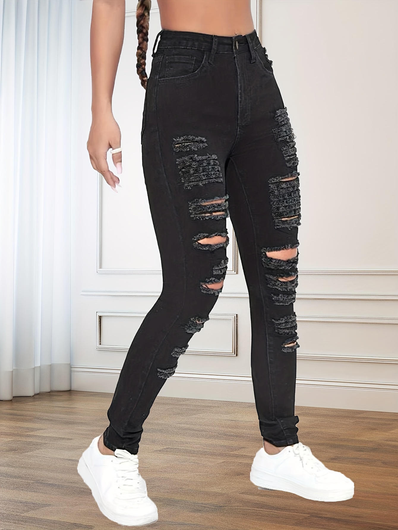 Black Ripped High Waist Skinny Jeans High Slim Fit - Temu Canada