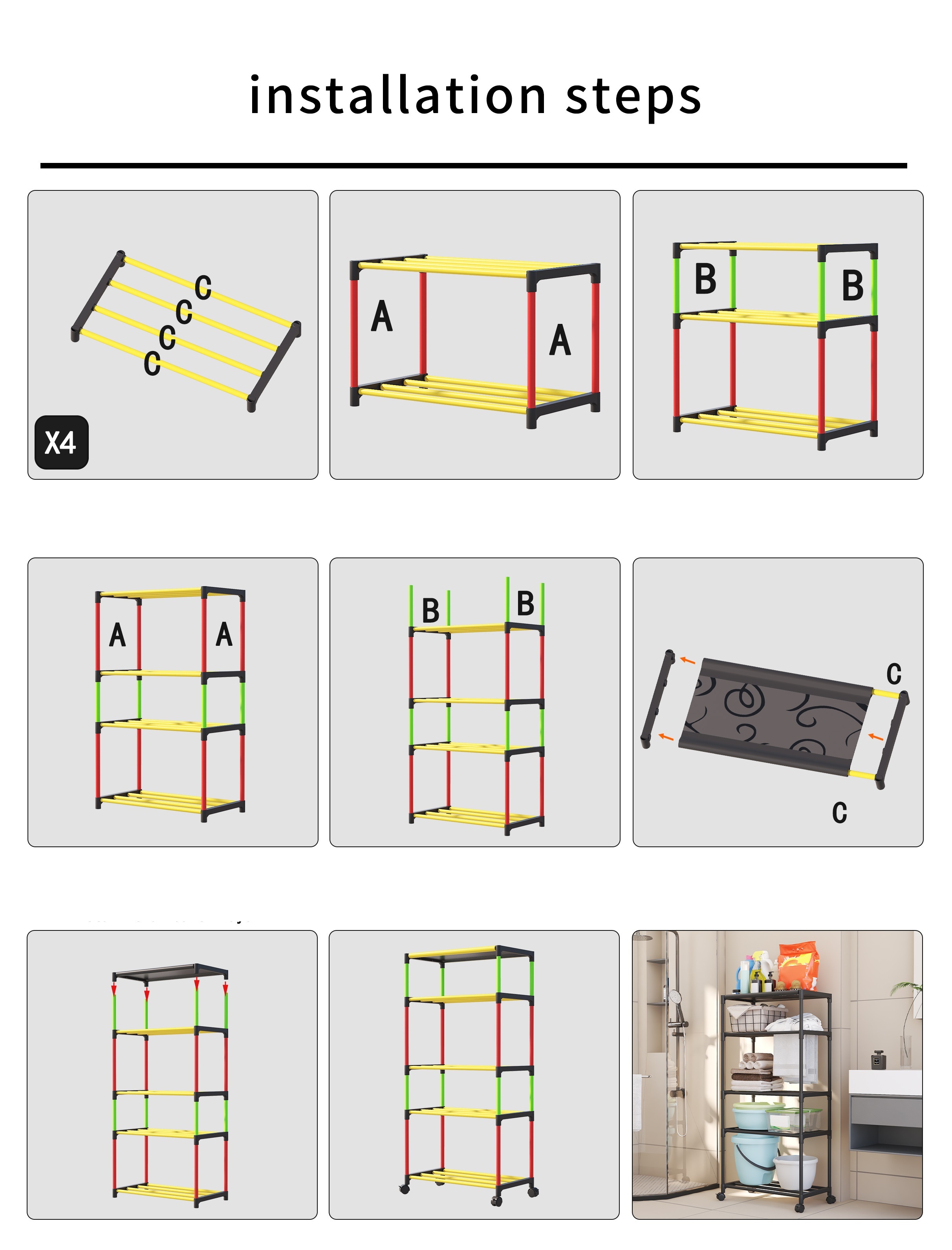 5 Tiers Bathroom Shelf With Wheels Utility Rolling Cart Temu
