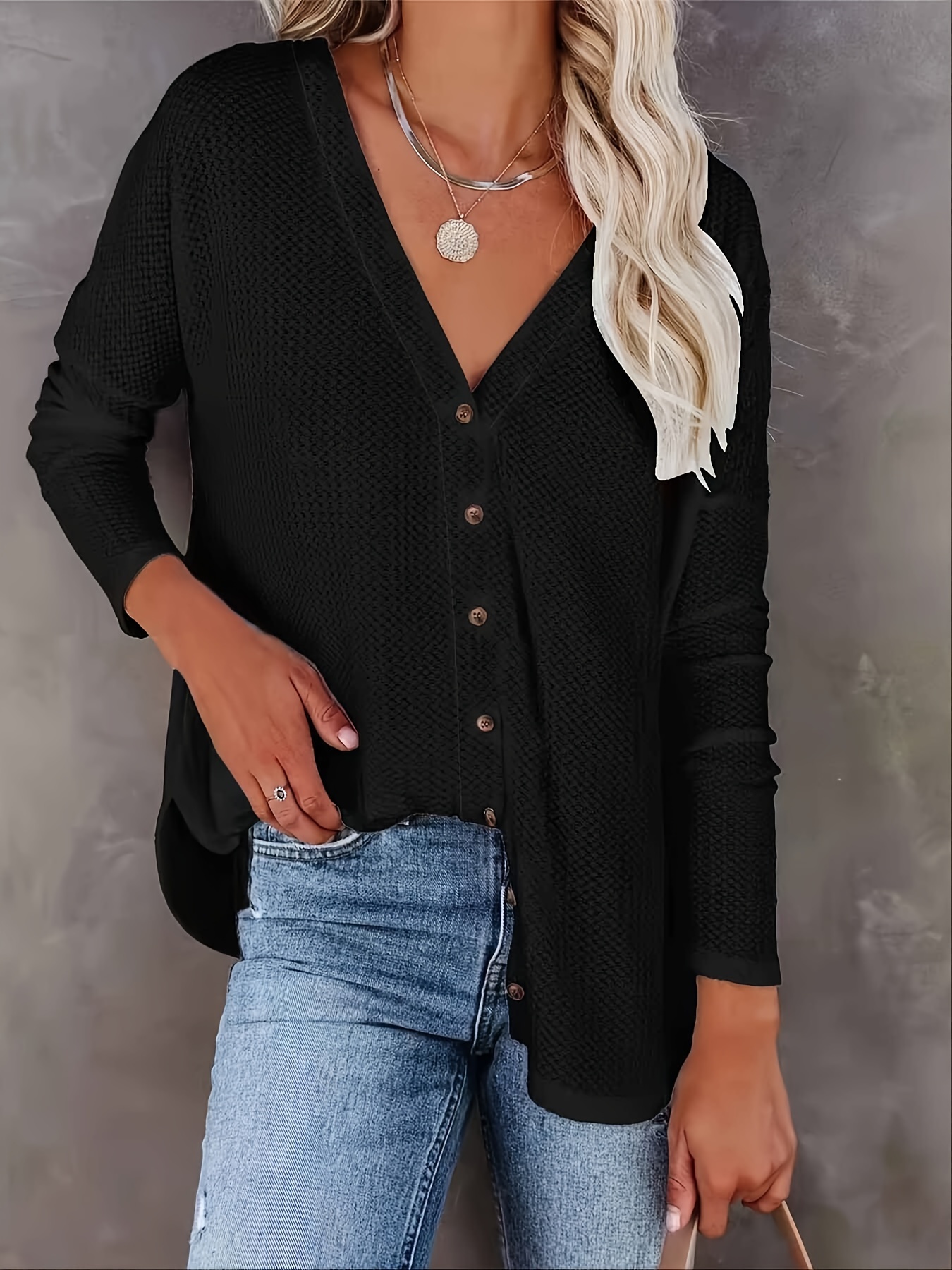 V neck Buttons Loose Cardigans Casual Drop Shoulder Long - Temu