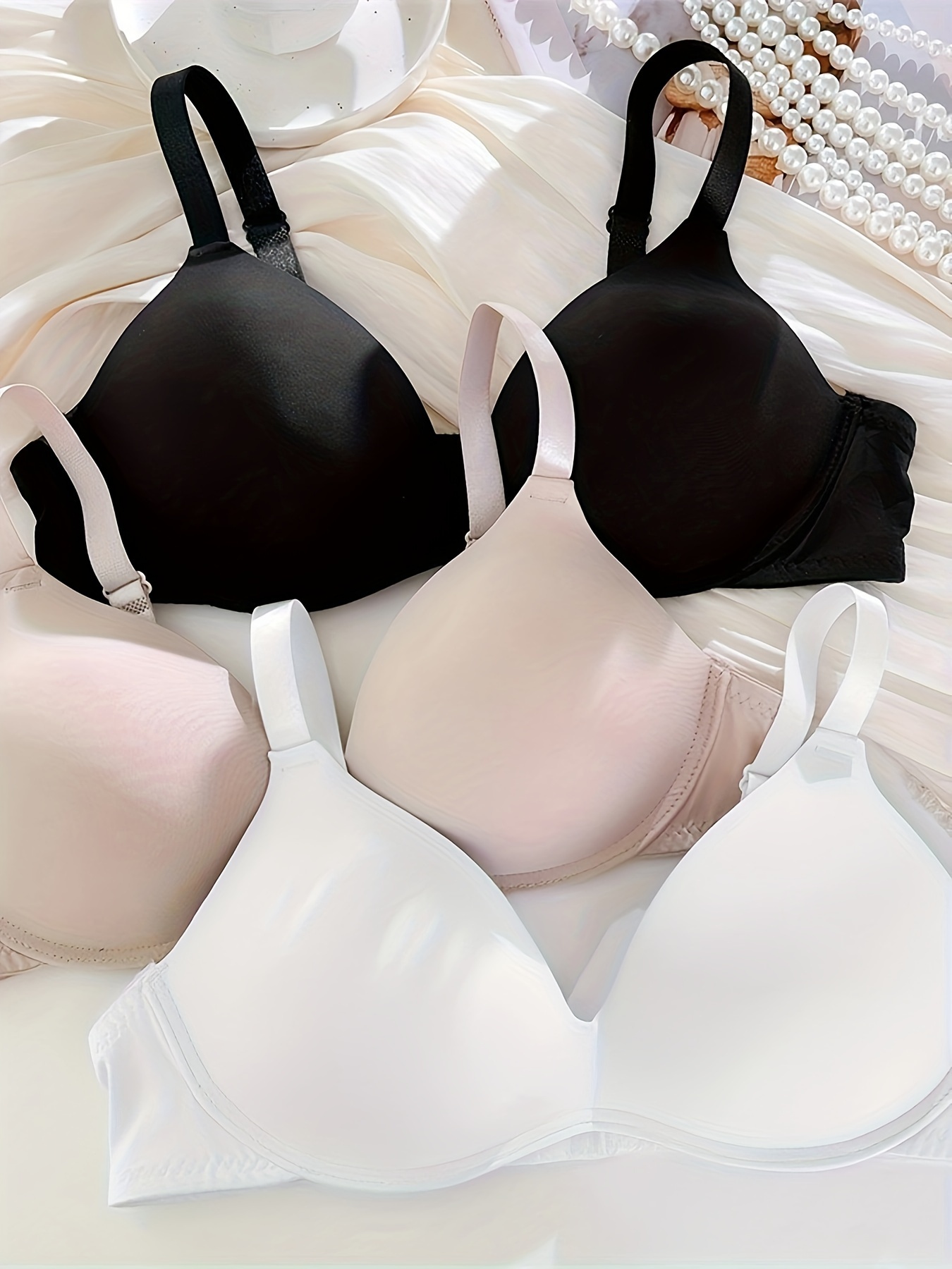 3pcs Simple Solid T-Shirt Bras, Comfy & Breathable Push Up Bra, Women's  Lingerie & Underwear